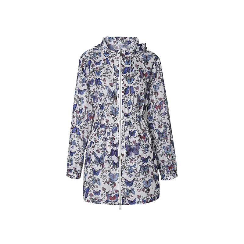 蝴蝶元素时尚范高级花卉印花薄透气连帽防晒衣宽松长袖衣22385
