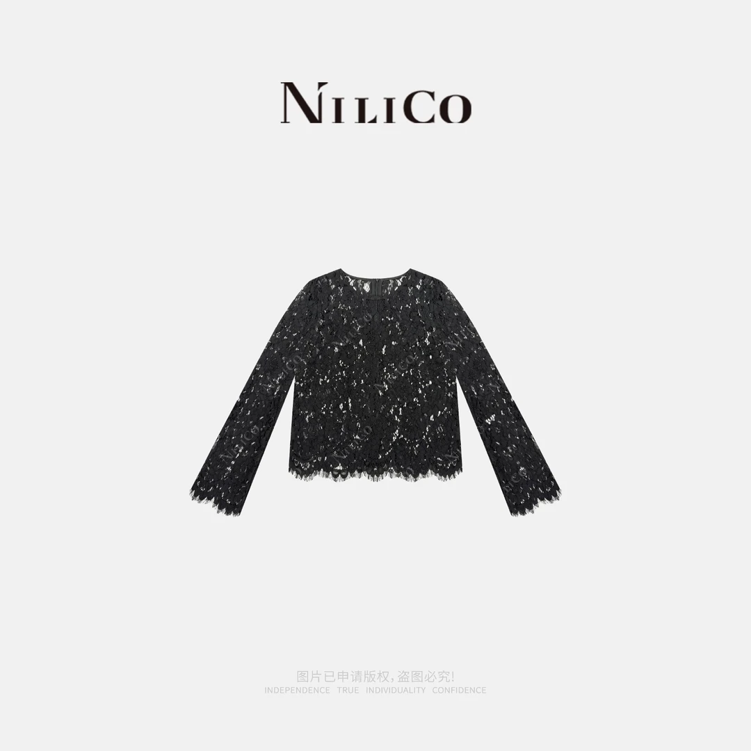 NILICO【爱的华尔兹】重工股线微透镂空立体蕾丝气质正肩上衣