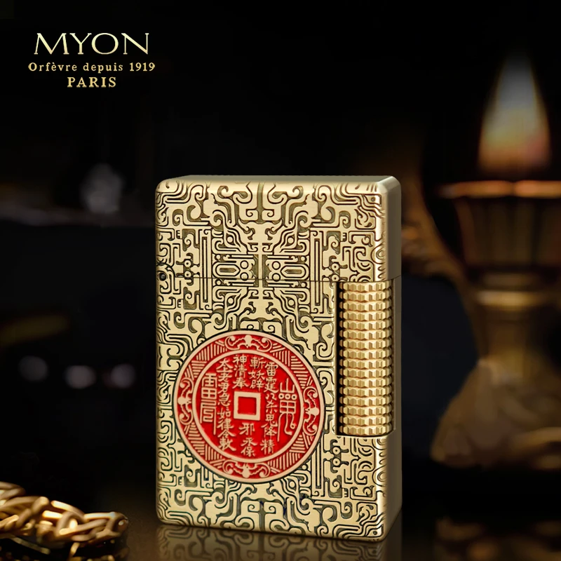 正品MYON爵士待机王M6山鬼花钱款黄铜一机一码金色煤油打火机高档