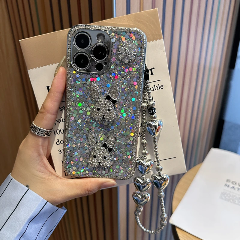 可爱卡通ins兔子手机壳银色适用苹果16pro钻边华为oppo小米vivo女