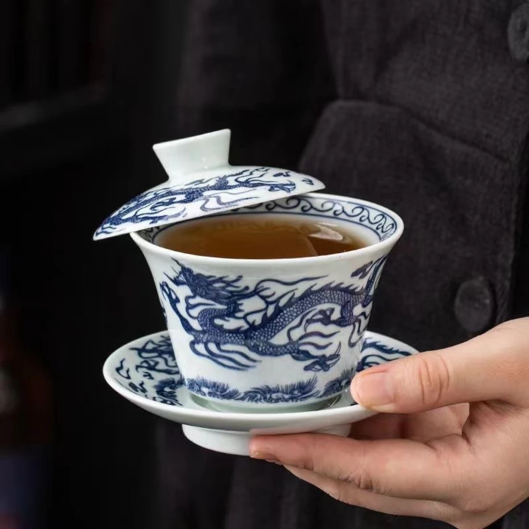 羊脂玉瓷三才盖碗可以悬停挂盖可旋转中式茶具家用泡茶碗带【P50】