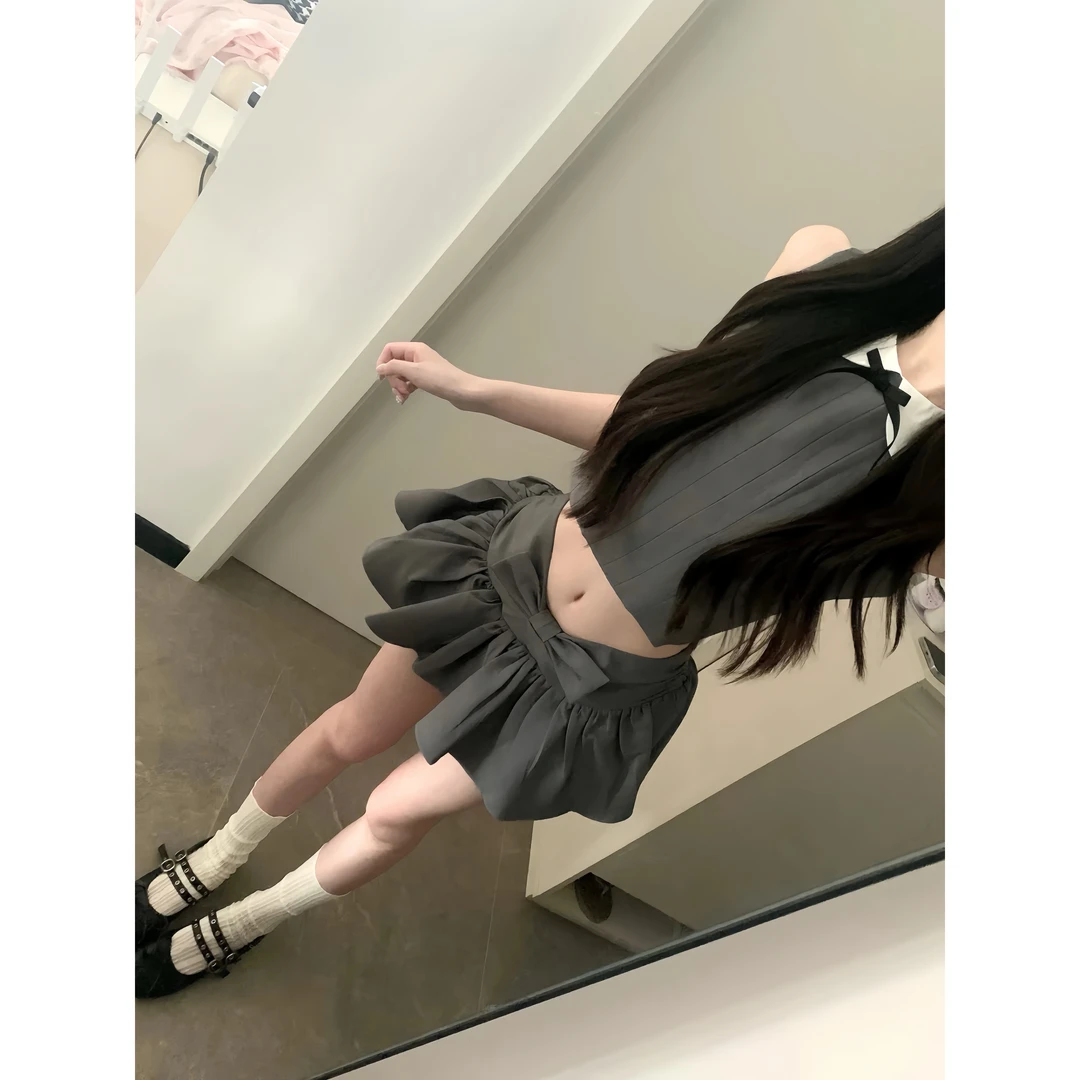韩女天菜 夏季新款纯欲风甜美蝴蝶结娃娃领无袖上衣褶皱短裙套装