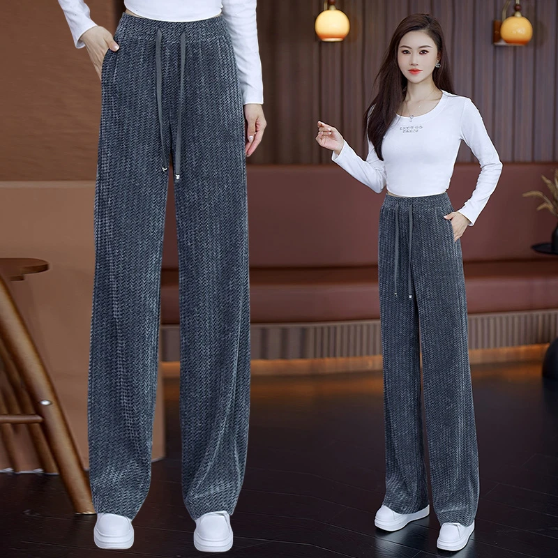 秋季雪尼尔高腰2025新款条纹阔腿裤休闲裤百搭显瘦直筒裤秋冬