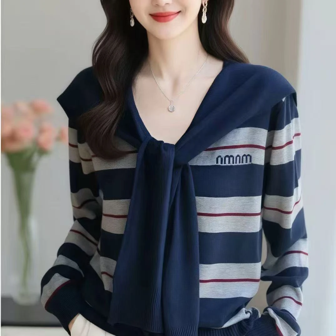 宽松显瘦【80-180斤】时尚披肩条纹针织开衫上衣女早秋洋气独特外套