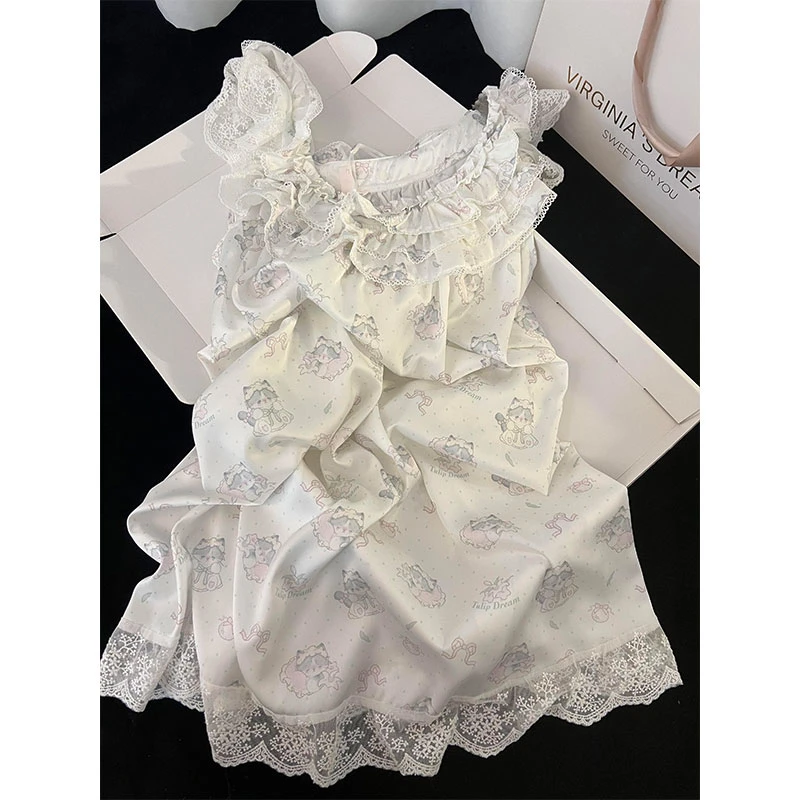 纯欲蕾丝花边吊带睡裙女夏季新款小猫印花背心连衣裙可外穿家居裙