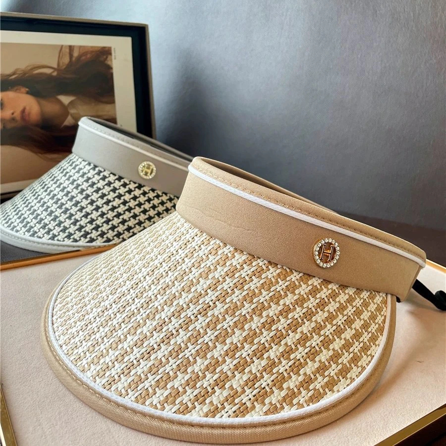 夏季大檐防晒遮阳帽千鸟格帽子防紫外线草编遮脸空顶太阳帽新款TL