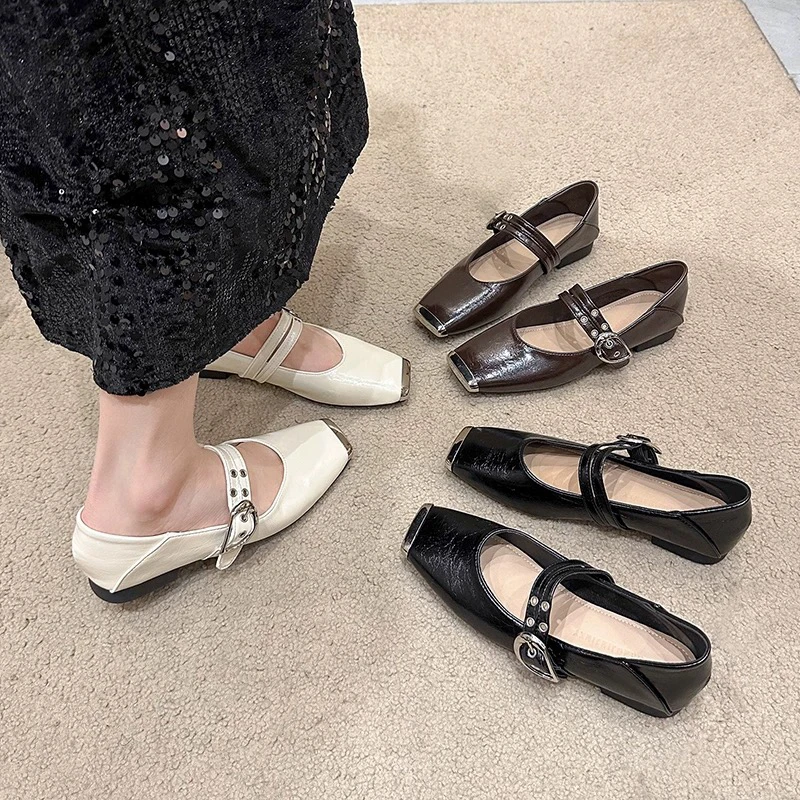 【8234】法式金属方头浅口单鞋女2025春款复古一字带玛丽珍小皮鞋