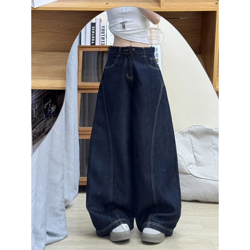 美式复古丹宁蓝弯刀牛仔裤女秋季高腰宽松直筒阔腿拖地梧桐长裤子