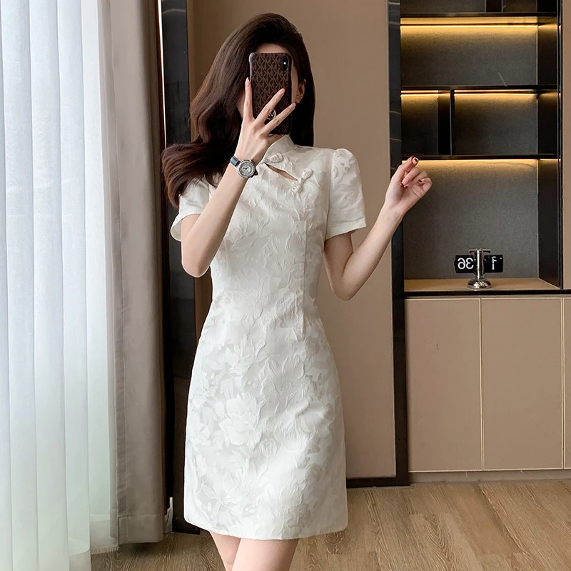 新中式轻国风连衣裙女夏季短袖小个子高级感显瘦白色气质优雅裙子