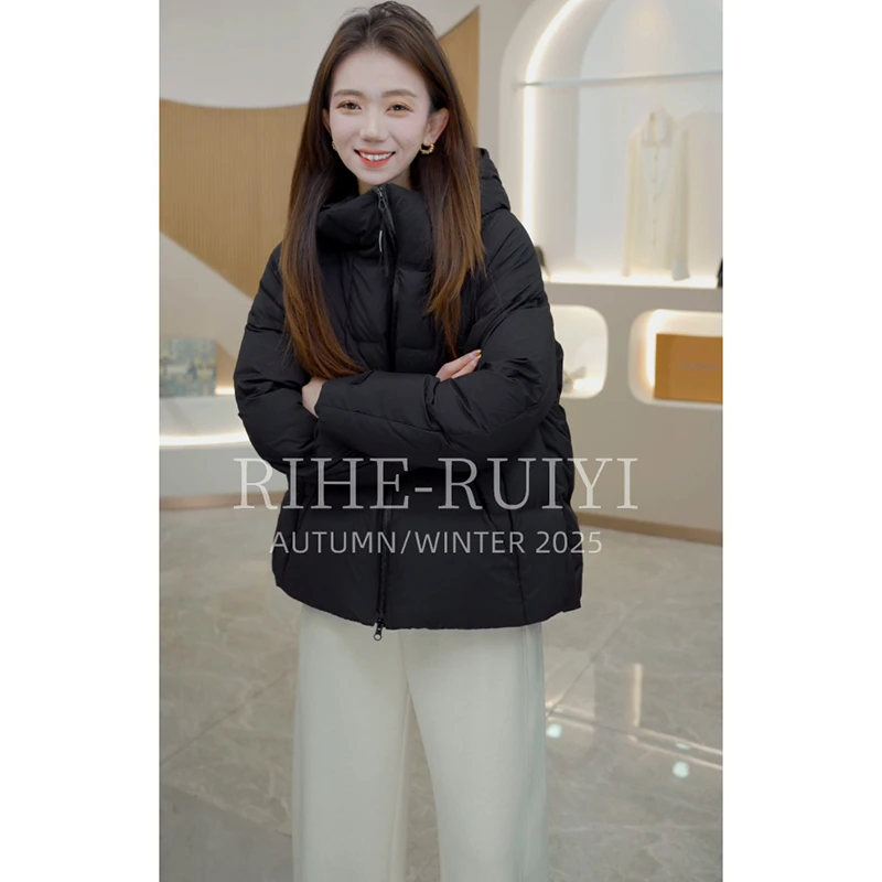 R H 【铠甲】复古高端质感休闲显瘦连帽拉链白鹅绒羽绒服2500301