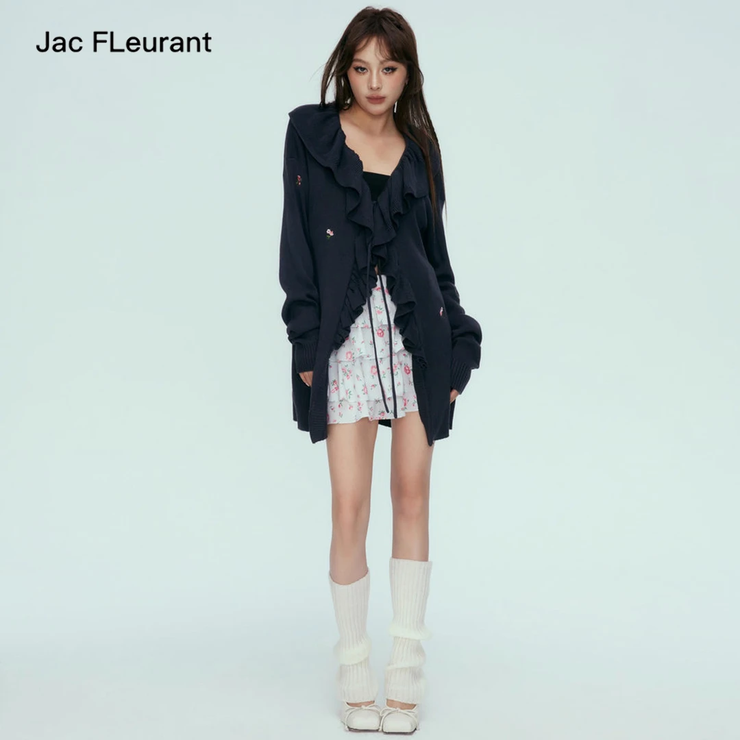 JAC FLEURANT 灰色百搭木耳边刺绣花卉绑带开衫长袖针织衫