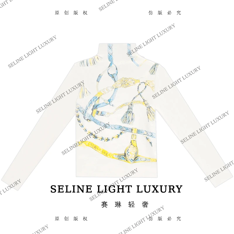 【25Q-752】太 2025 SELINE金色锁链印花时尚轻奢高领加绒长袖T恤
