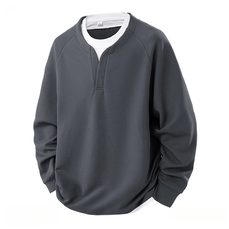 HUCN华夫格假两件卫衣男春秋季潮牌宽松百搭套头圆领上衣