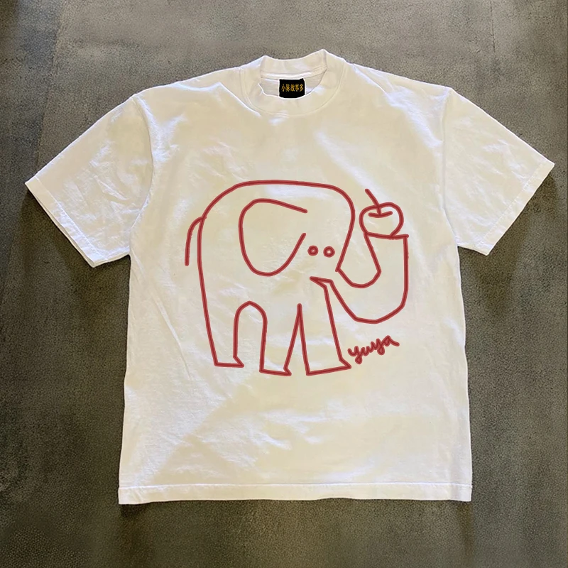 2025新款夏季圆领宽松大象印花短袖t恤男重磅纯棉潮流休闲上衣tee