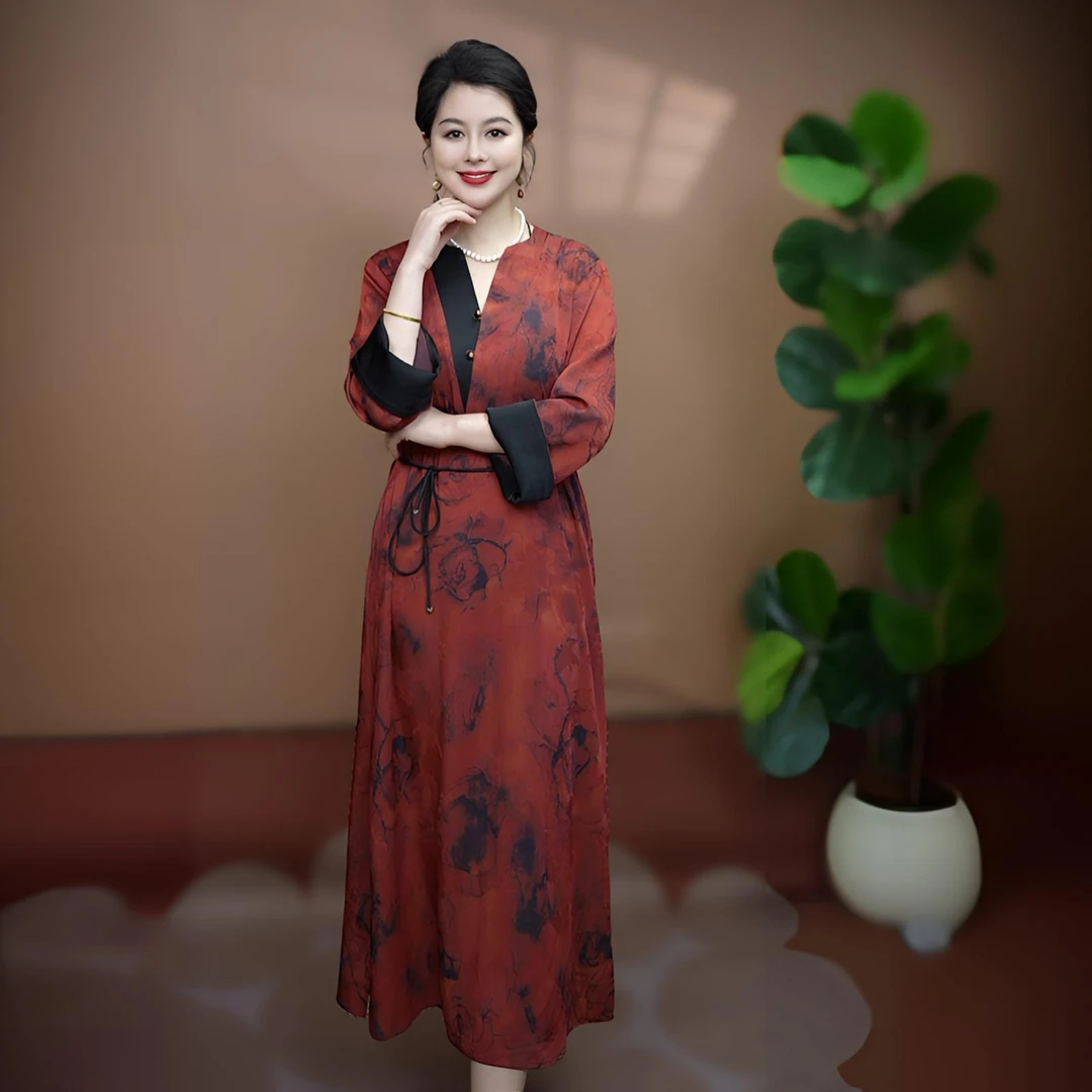 雅韵新中式连衣裙宋锦新款时尚百搭显瘦休闲长袖气质中长款中国风