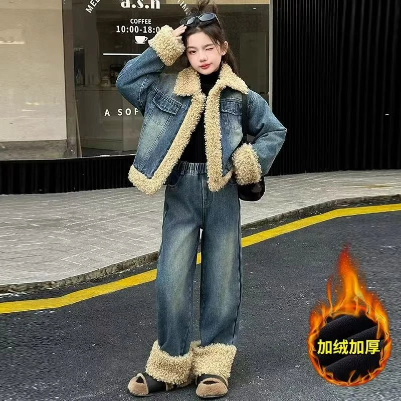 冬季加厚款保暖加绒女童夹棉牛仔套装羊卷毛年服加厚女童两件套