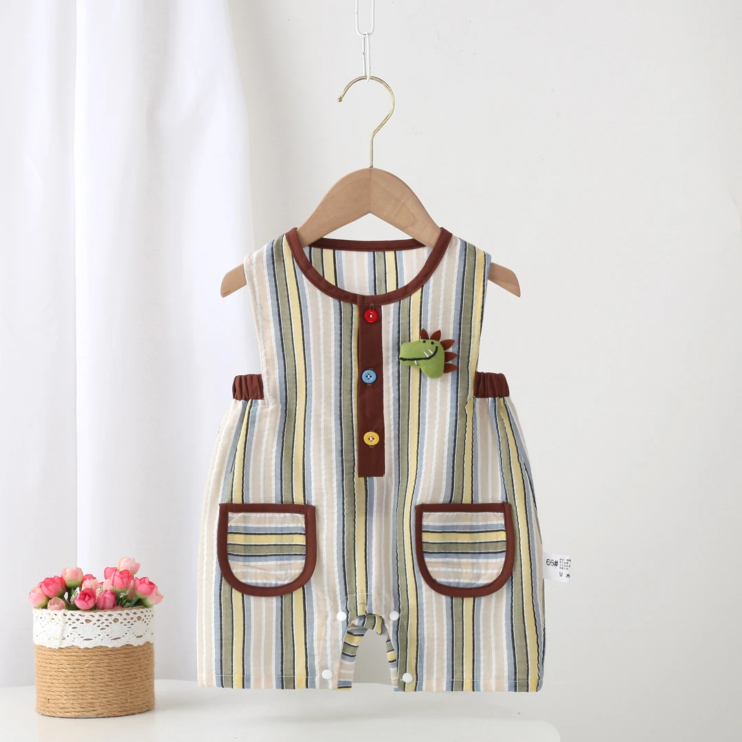 婴幼儿夏季新款双兜竖条纹无袖连体简约可爱卡通外出短哈