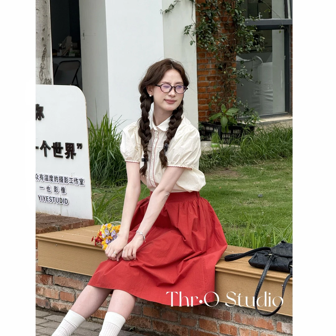 【奶油酱+透红番茄】少女翻领刺绣短袖衬衫上衣+高腰半身裙两件套