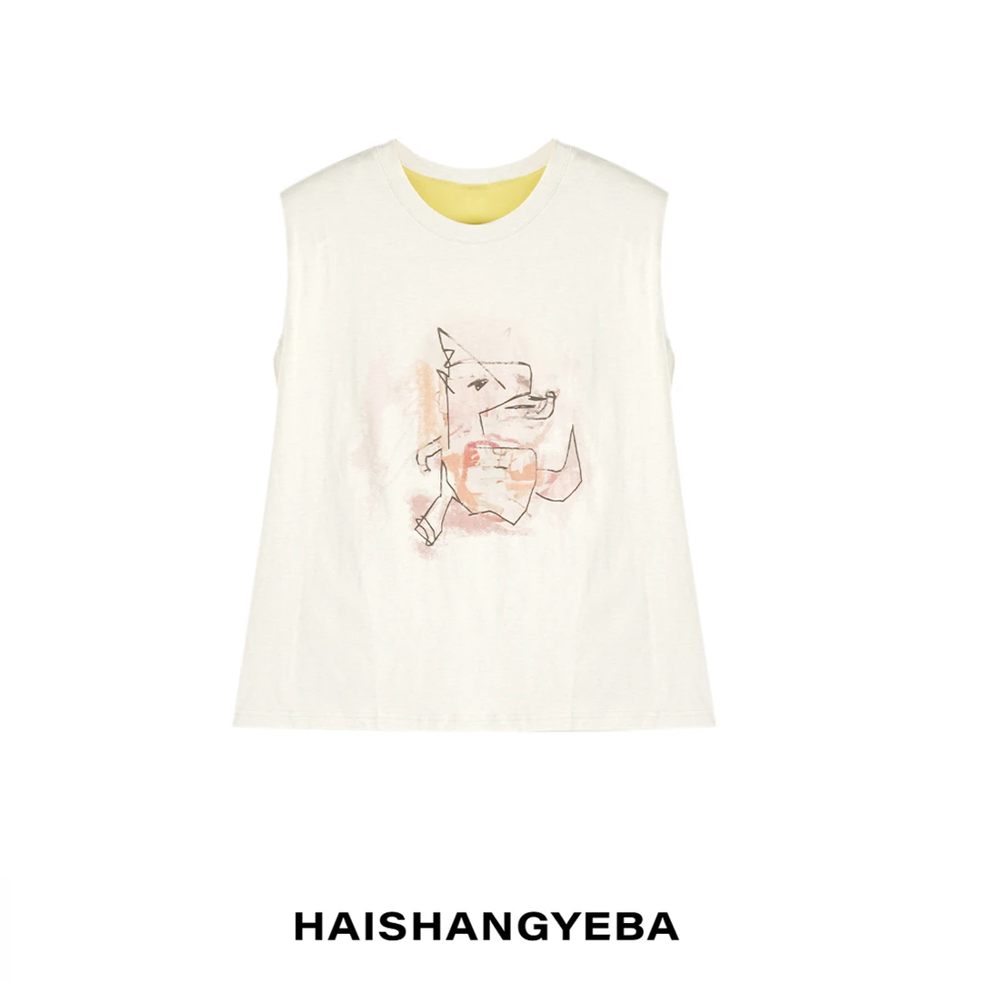 【海上叶爸】新款2025夏季百搭棉圆领套头宽松休闲图案无袖T恤