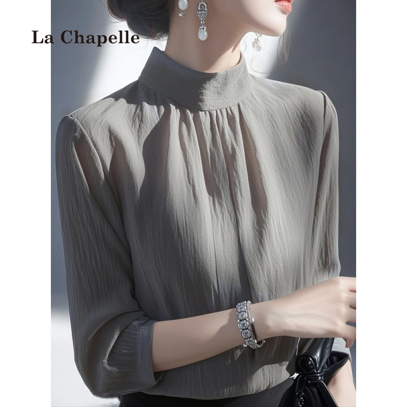 拉夏贝尔2025春装新款独特温柔小衫法式上衣气质绝美浅灰色衬衫女
