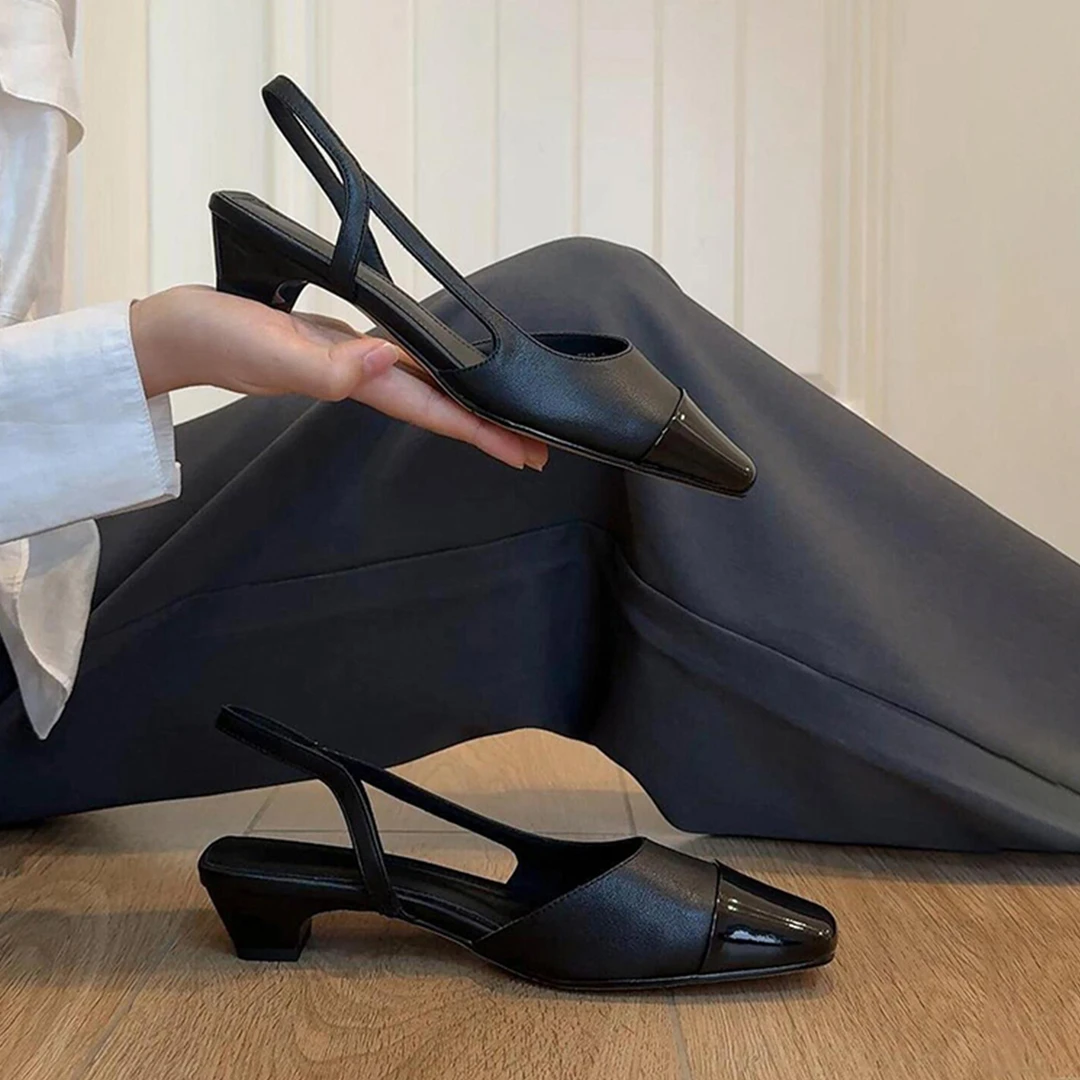 羊皮版~法式低跟真皮拼接后绊带凉鞋女黑色通勤配裙子时尚包头鞋