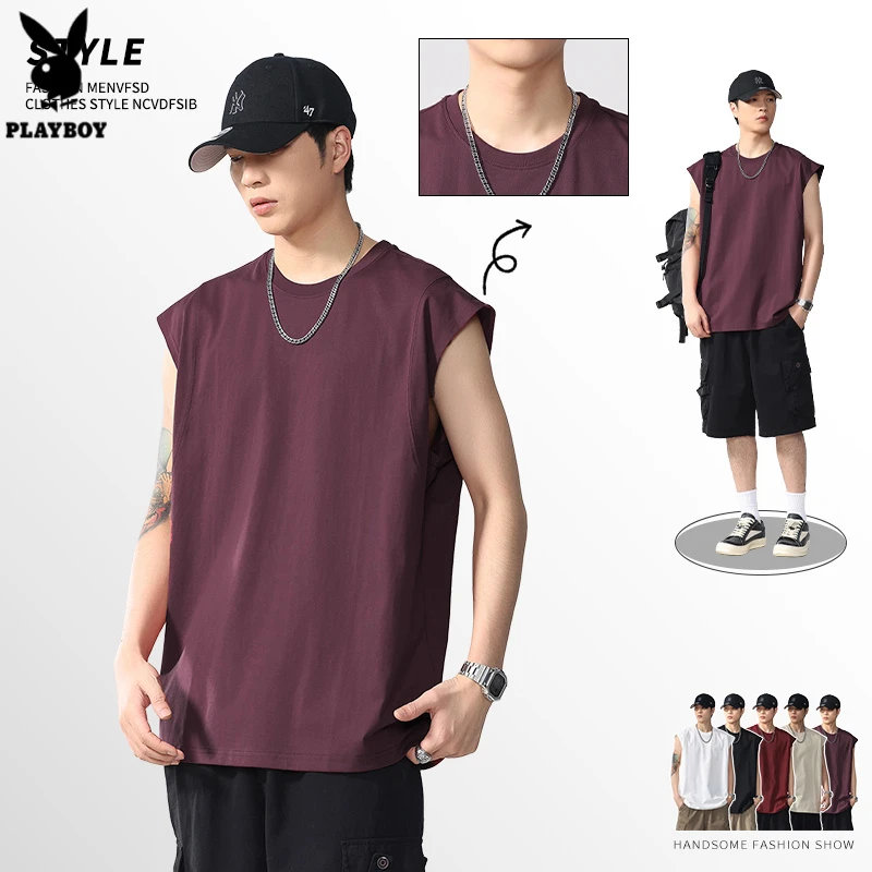 花花公子2025休闲凉感背心夏季宽松大码圆领吸汗无袖T恤外穿男士