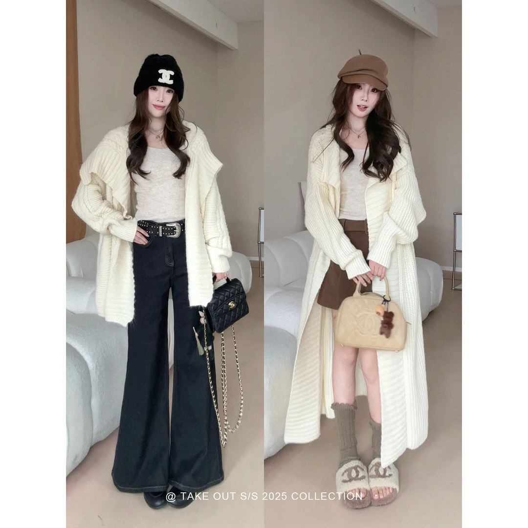 外卖到了【舒芙蕾】翻领中长款开衫外套女冬季宽松加厚毛衣WM5IBS12