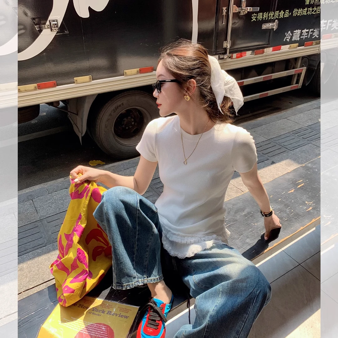 莉贝琳sisy花蕾T恤甜美百搭蕾丝花边短袖正肩坑条上衣S25204TS04