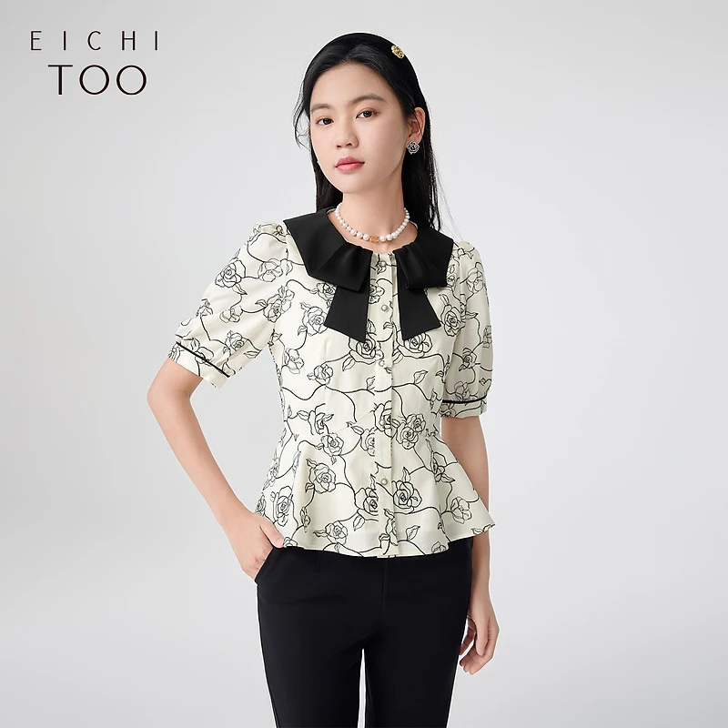 A爱居兔夏季新款黑白撞色简约时尚短袖雪纺衫ENSBJ2N004A