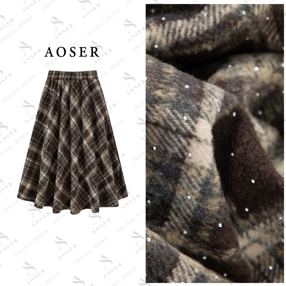 AOSER时尚百搭网红显瘦烫钻格子慵懒风半身裙女装801