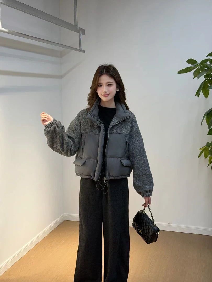 蔡小姐【单外套】常规款厚款韩版时尚黑色女短款拉链立领冬季