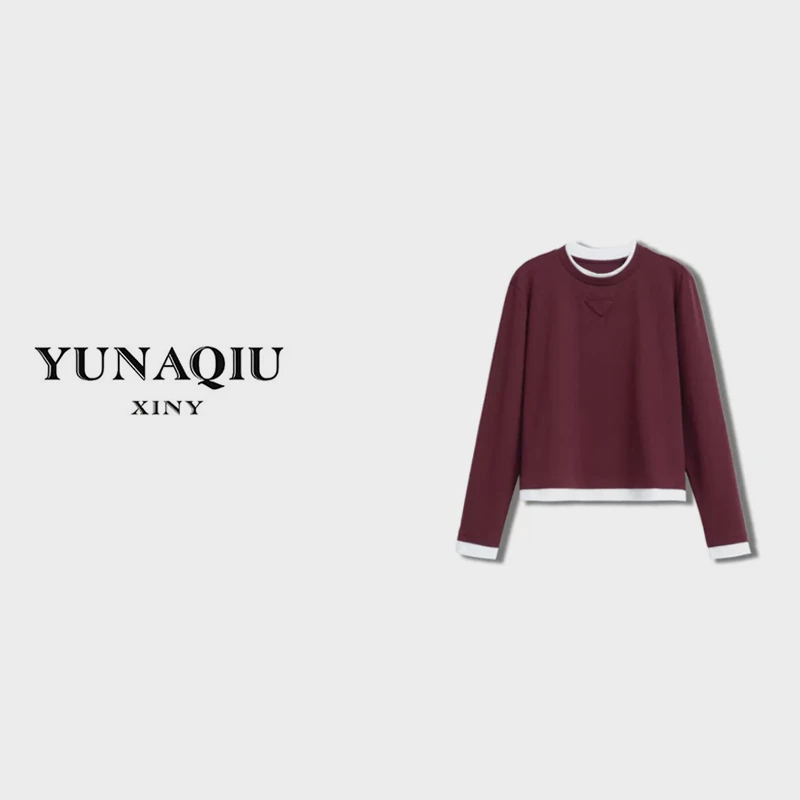 YUNAQIU气质设计师宽松圆领长袖休闲时尚百搭T恤-8459