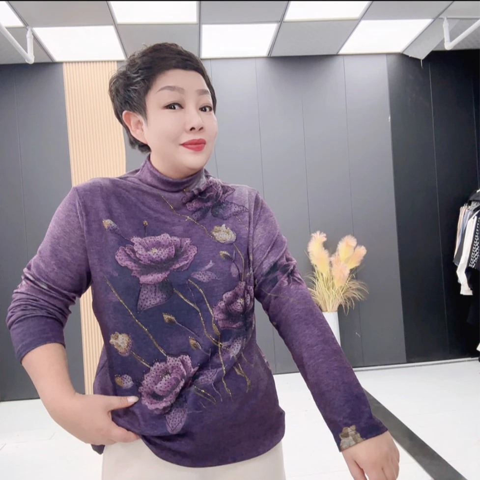 新潮风长袖半高领修身型烫钻加厚中式双面时尚网红复古加绒-3213