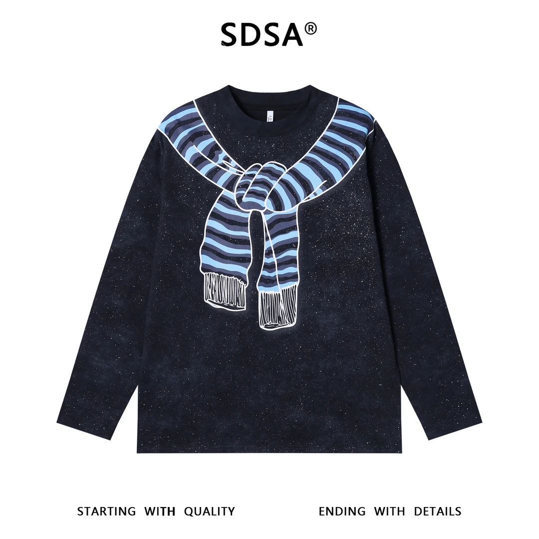 秋季高级感新款男士简约满天星手绘披肩印花长袖T恤百搭圆领宽松