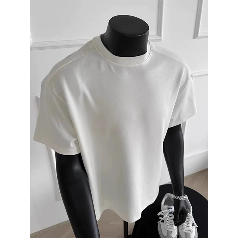 白色美式复古正肩短袖男款夏季圆领口重磅t恤cleanfit纯棉半截袖