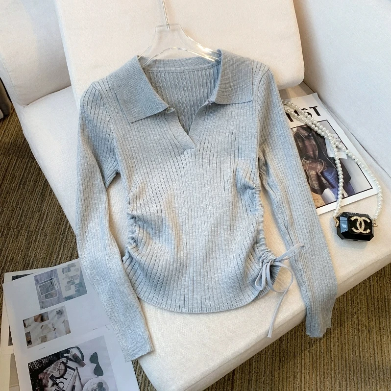 短款可水洗秋季长袖法式毛针织衫针织衫设计感百搭polo上衣显瘦