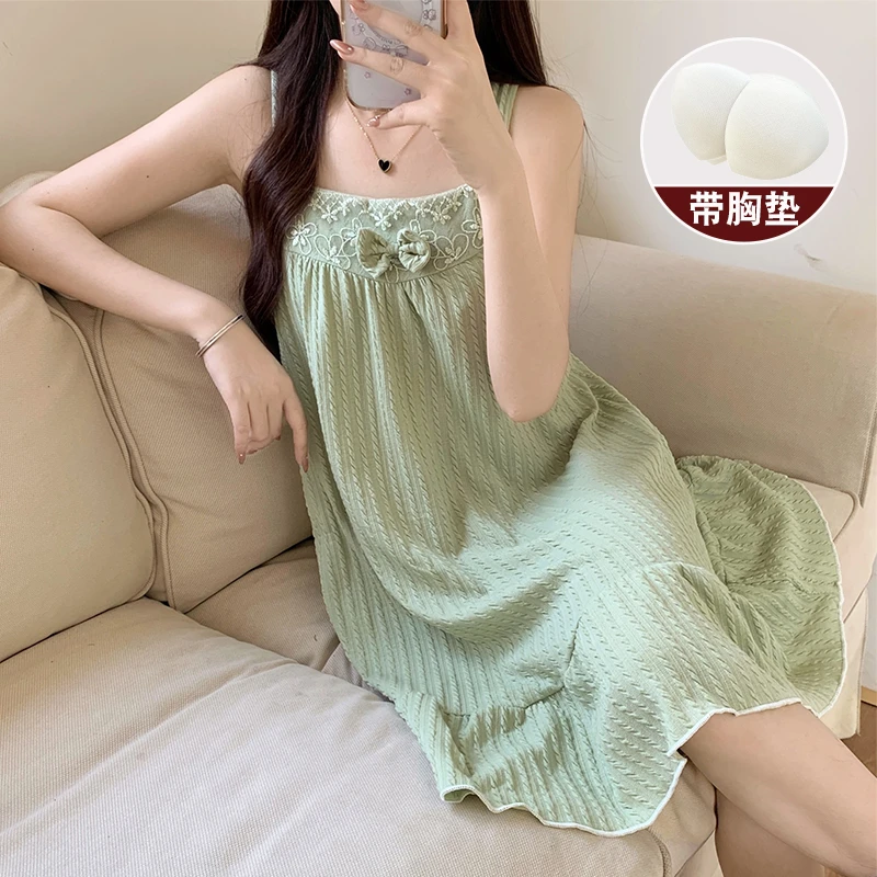 睡裙女款夏季带胸垫提花甜美吊带中长宽松大码公主清新家居服睡衣