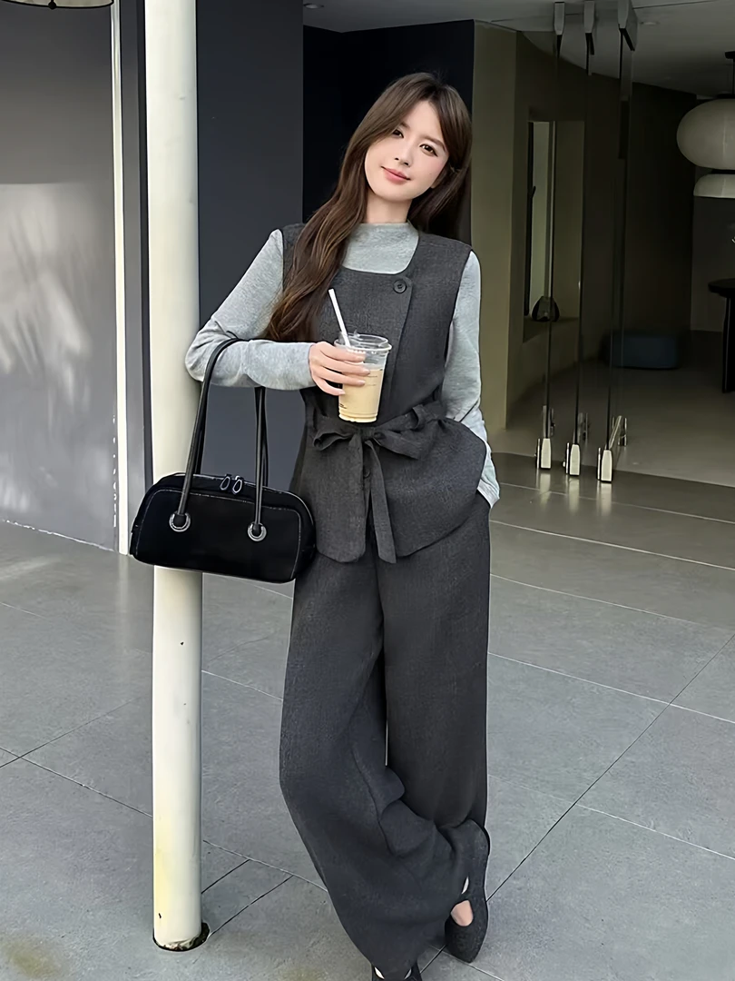 高级感毛呢马甲+阔腿裤+长袖打底女2025韩系秋冬穿搭三件套装