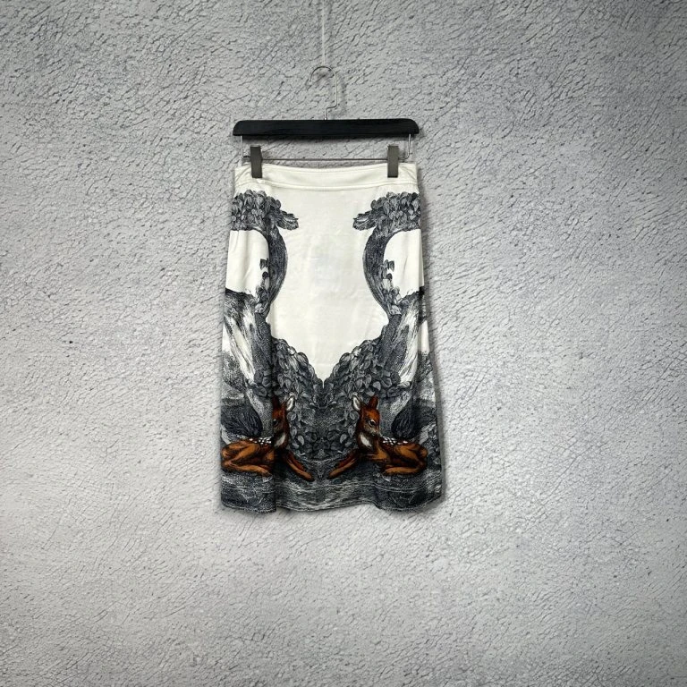 99新 BURBERRY/博柏利 小鹿印花高腰中长款休闲长裙/38码