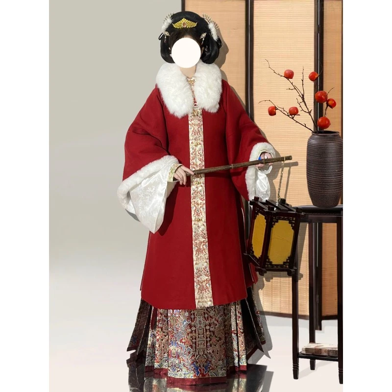 龙祥祥红色马面裙妆花汉服拜年汉服冬季大码外套毛呢长袄明制加绒