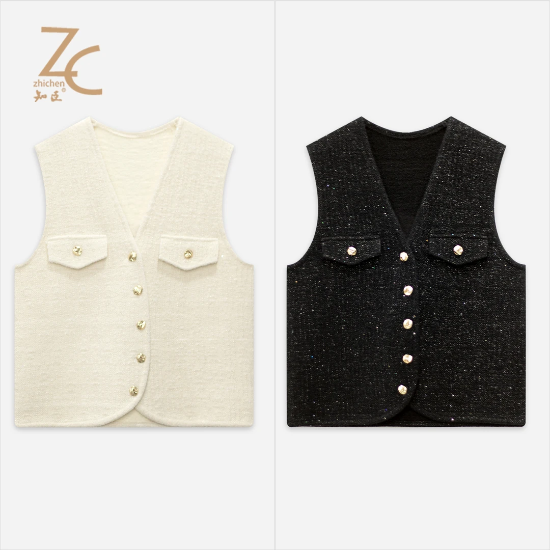 知臣秋季新品 多色气质轻熟风V领小香马甲女 T25683047
