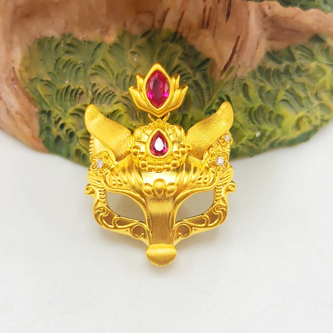 足金999 镶嵌狐狸面具吊坠 5D工艺黄金A1