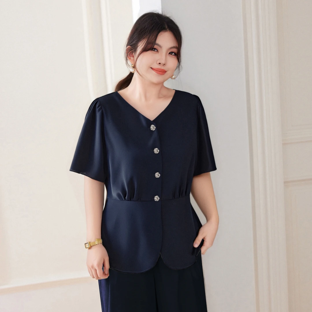 【月漫星河】MsShe大码女装夏装简约优雅V领短袖衬衫A~B2505041