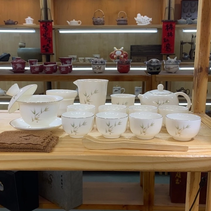 竹报平安羊脂玉茶具大套装