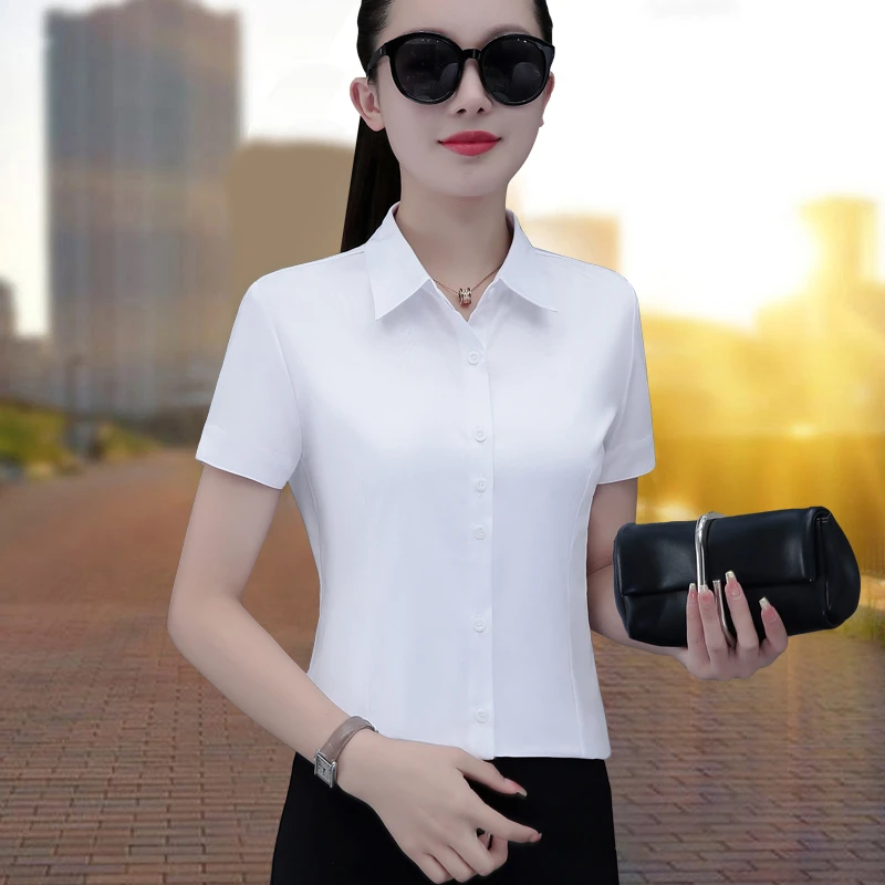 职业衬衫女短袖2025夏季新款韩版修身气质百搭工作服免烫白色衬衣