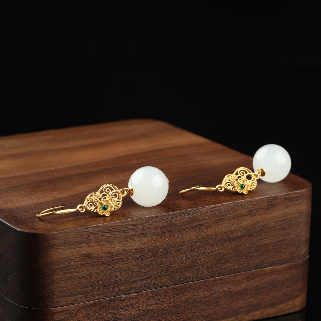 【大国非遗】青海三岔河和田玉白玉（S）耳饰12mm 38116