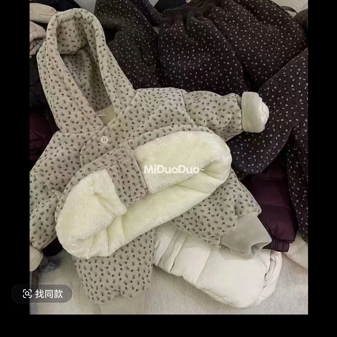儿童碎花冬季加绒加厚家居服套装保暖休闲男女宝宝两件套