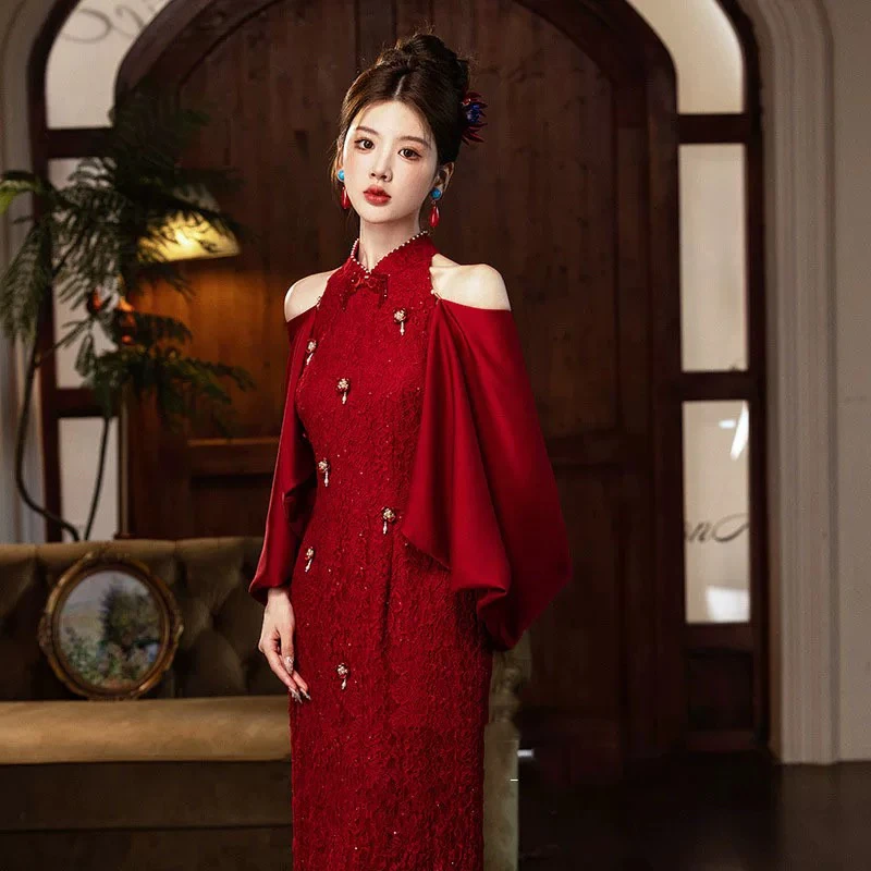 新中式晨袍新娘敬酒服结婚订婚旗袍红色回门宴礼服出阁便装高级感