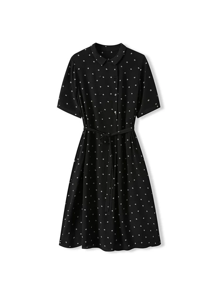 8005 气质小翻领收腰印花连衣裙女 休闲宽松中长款裙子 2025新款