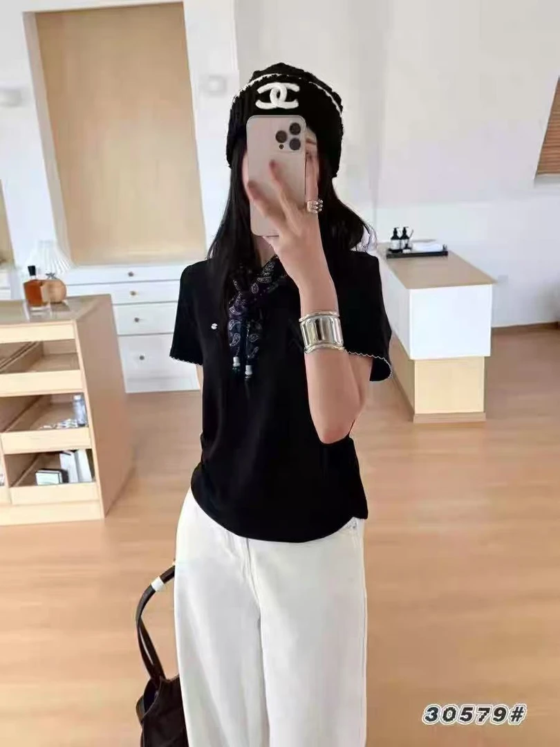 那简家【现货】5080秋款带丝巾磨毛圆领百搭短袖T恤上衣女